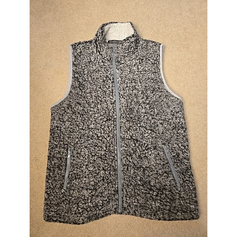 Merokeety Vest Womens‎ L Teddy Sherpa Fur Lined Gray Soft Full Zip Pocket Jacket